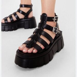 Chunky Platform Sandals with Multi Buckle Detail and Block Heel in Black, Size 7